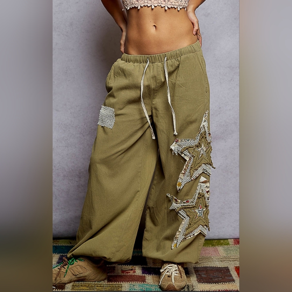 POL Olive Green Wide Leg Star Appliqué Pants